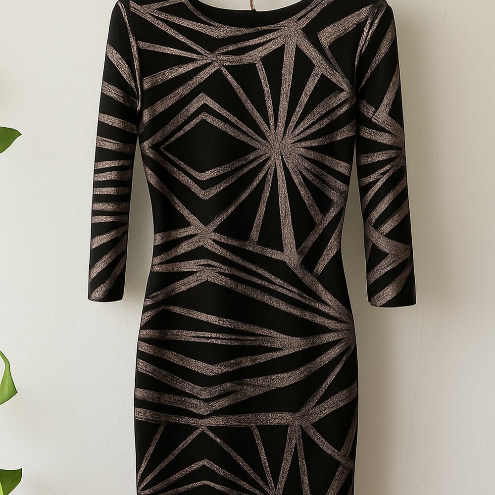 Privy Black and Silver Asymmetrical Long Sleeve Sheath Dress